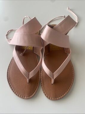 Qupid Blush Pink Leather Wrap Flat Sandals